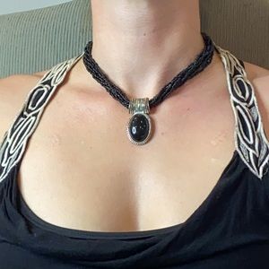 multistrand black beaded necklace, black pendant